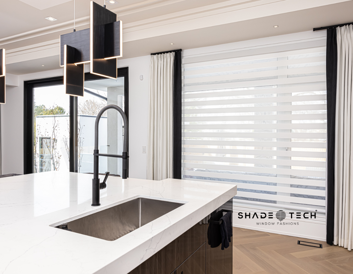White duo shade on a kitchen window above the sink
