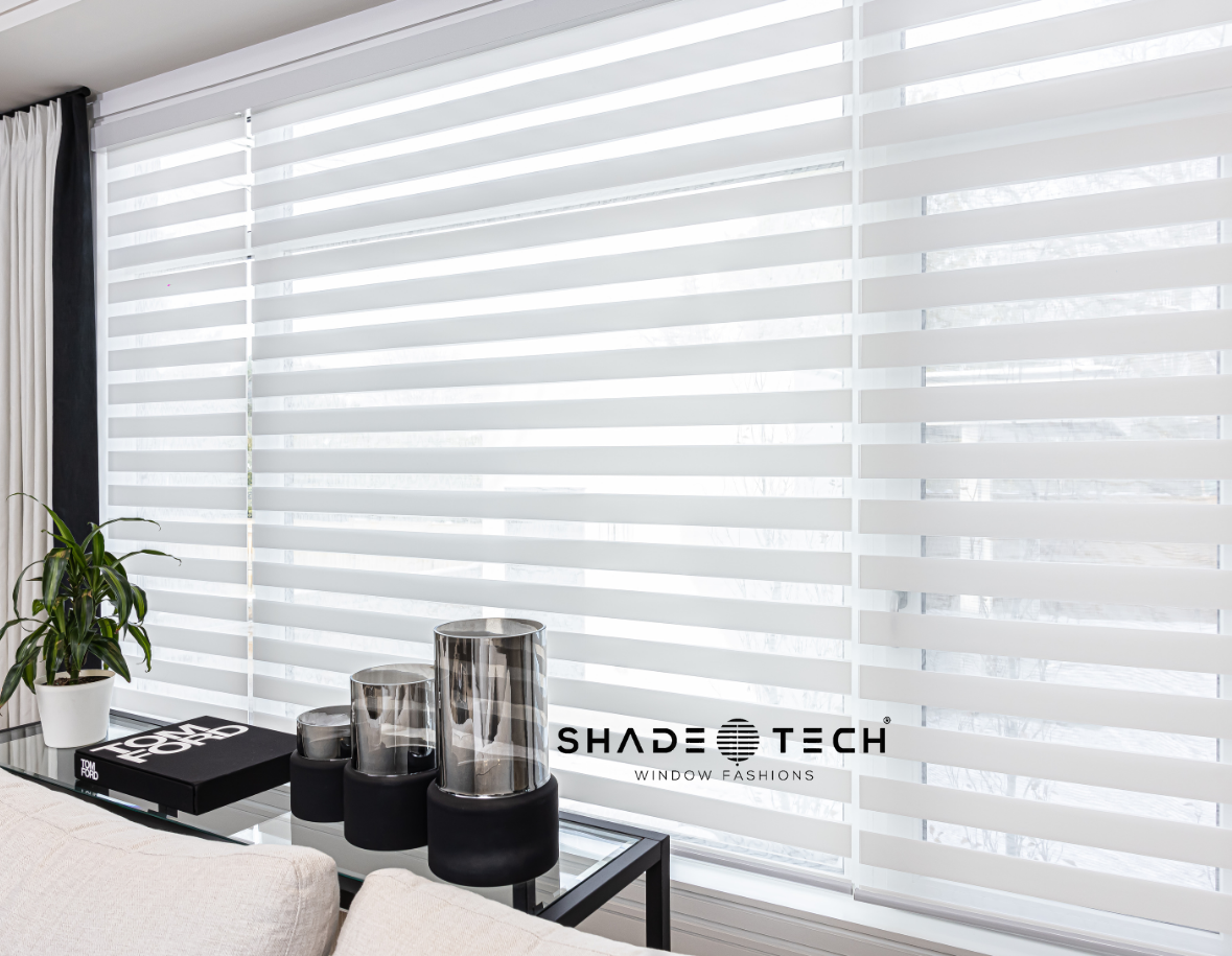 Light grey duo zebra shades on wide living room windows