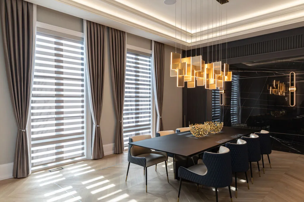 Duo sheer shades and drapery in a dining room, made by Shadeotech