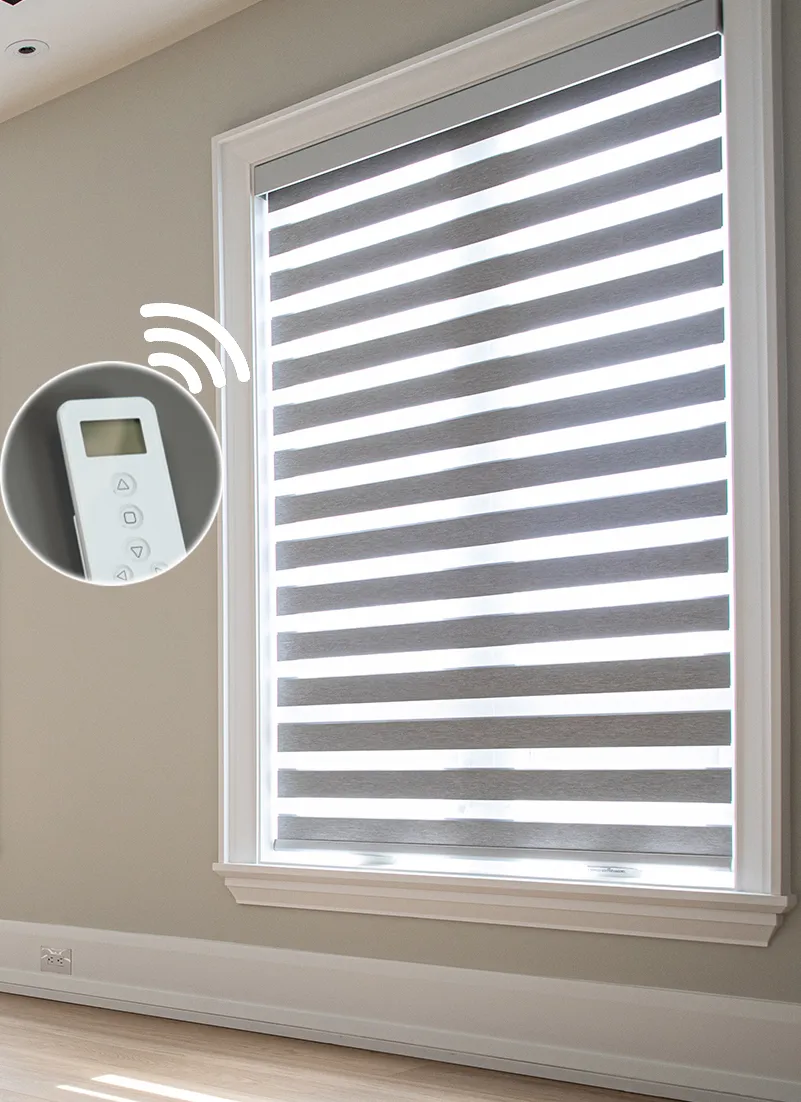 Wall remote next to a motorized duo zebra shade