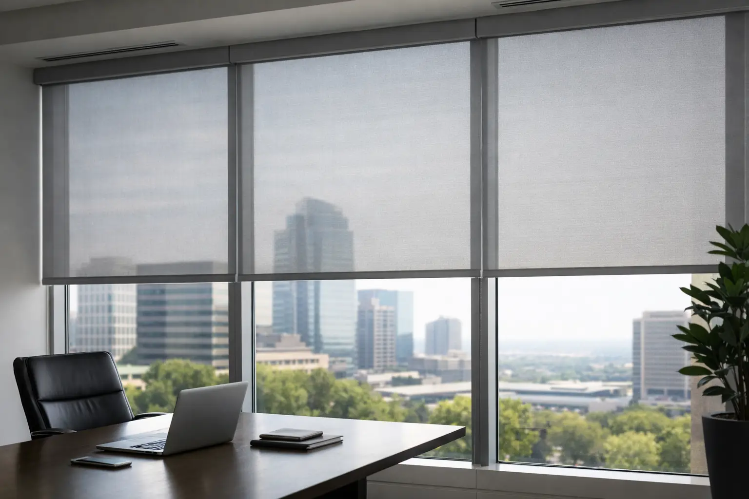 Motorized solar shades in an office with a city view