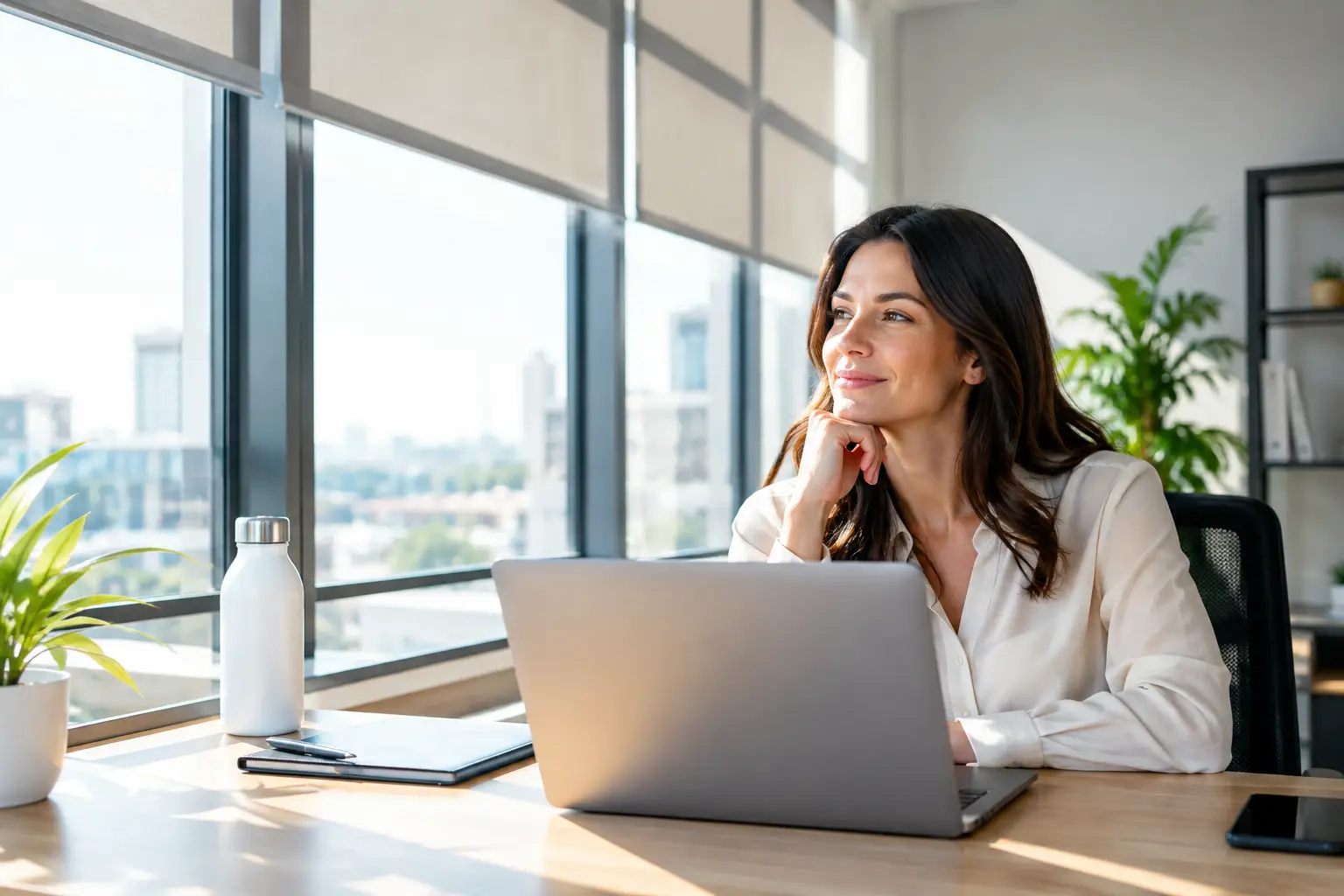 Light-filtering shades in a bright private office