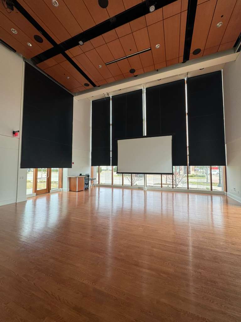 Blackout roller shades on two-story windows in a city hall