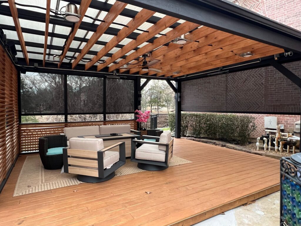 Zip-track screens on a covered patio