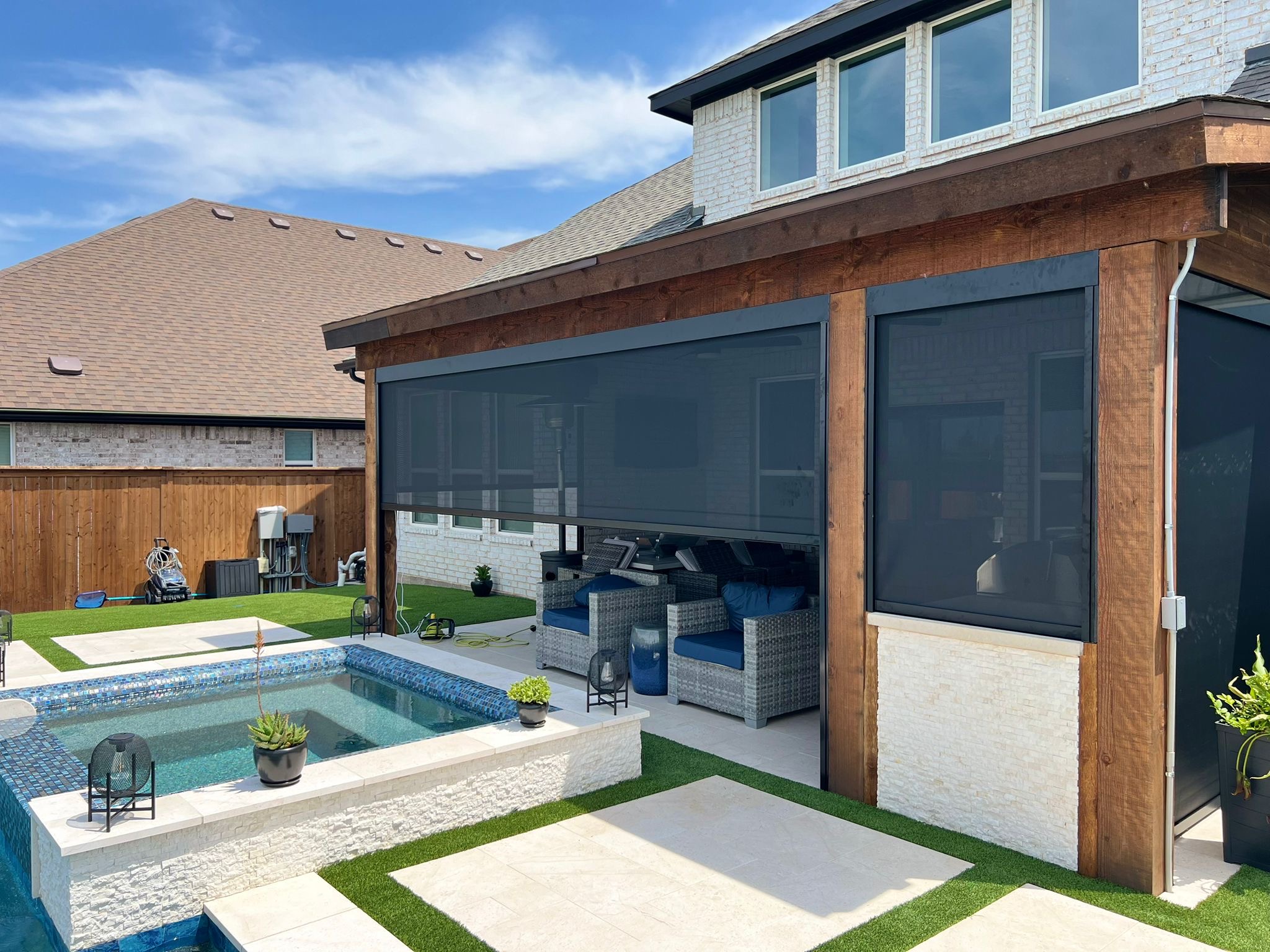 Custom shades and screens installed by Shadeotech for a home near Heath, Texas